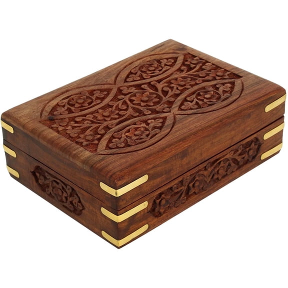 Ajuny Handmade Jewellery Storage Box Ornate Hand Carved Wooden Tarot Card Trinket Treasure Chest Box with Brass Corners Decorative Box Best Gift 7x5 inch