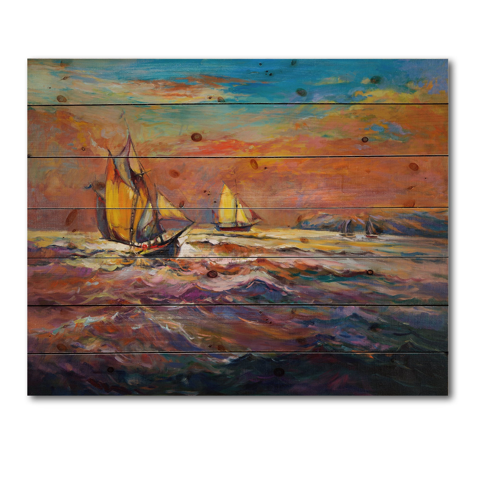 Designart 'Sailships On The Ocean Waves During Orange Evening Glow' Nautical & Coastal Print on Natural Pine Wood