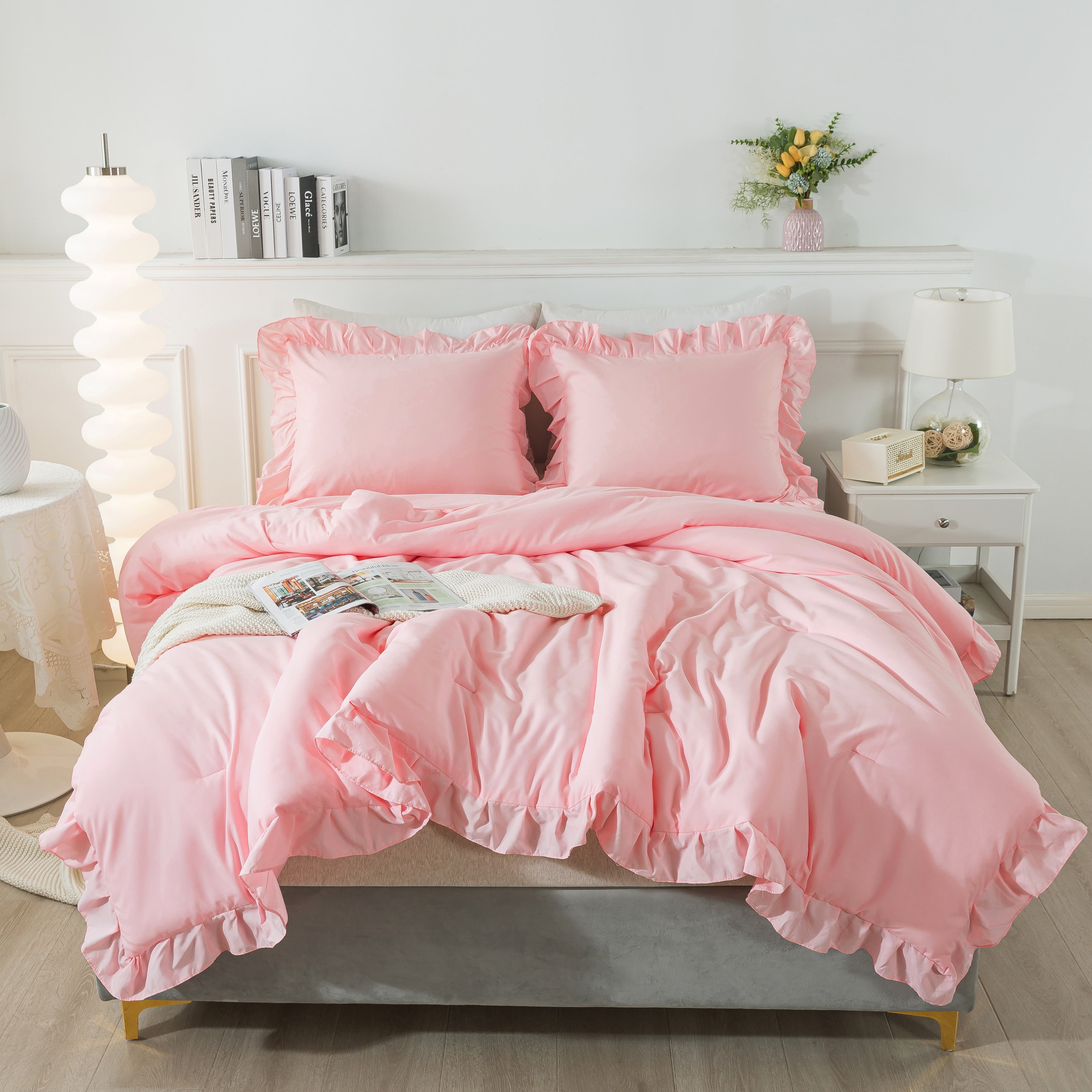 ANGENIA Pink Full Size Comforter Set, 3 Pieces Solid Farmhouse Ruffle Bedding Comforter Set, All Season Soft Lightweight Microfiber Bed Set for Women Girls