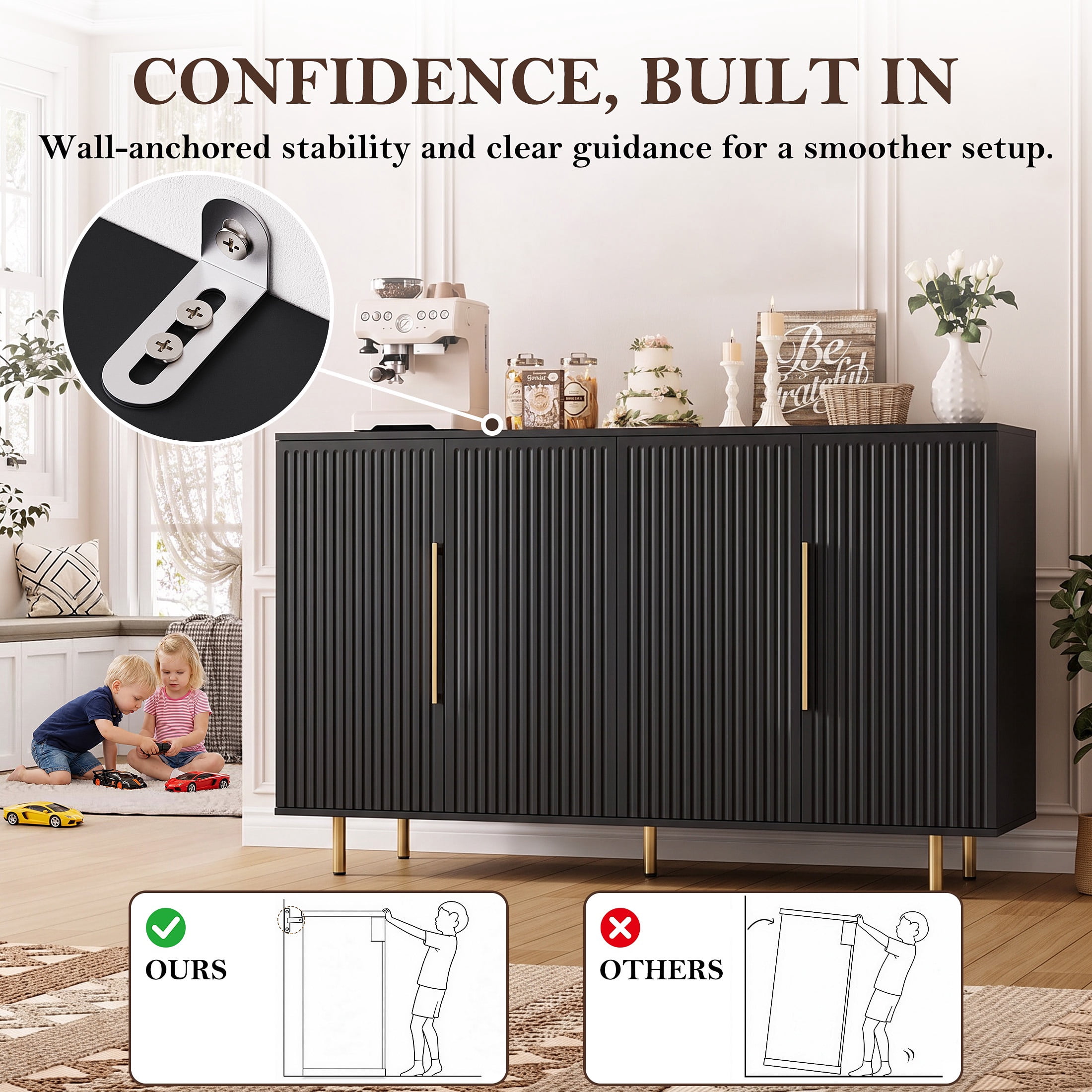 PORKISS Sideboard Buffet Cabinet with Storage, Fluted Credenza Cabinet with Gold Handles, Modern Console Table with Adjustable Shelves for Living Room, Dining Room, Black
