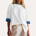 thumbnail image 2 of Quinlirra T shirts for Women Cotton Women Oversized Color Block Short Sleeve T Shirt Crewneck Patchwork Split Hem Shirt Casual Loose Summer Tee Top, 2 of 3