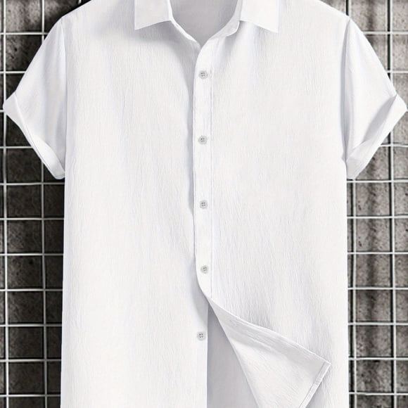 CNKOO 2025 Men‘s Casual Loose Fit Short Sleeve Shirt - Breathable Linen-Cotton Blend Solid Color Button-Up with Chest Pocket Classic Collar for Spring/Summer Warm Weather Outfit Minim