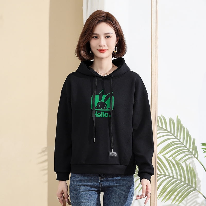 Middle aged mom wear winter New fleece lined printed hooded short warm sweater women s fashion Western style casual loose