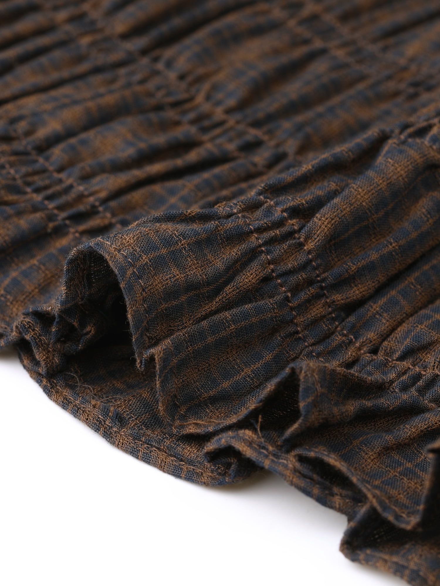 DARING DIVA Women's Smocked Plaid Short Sleeve Crew Neck Ruffle Tops Shirt M Deep Brown