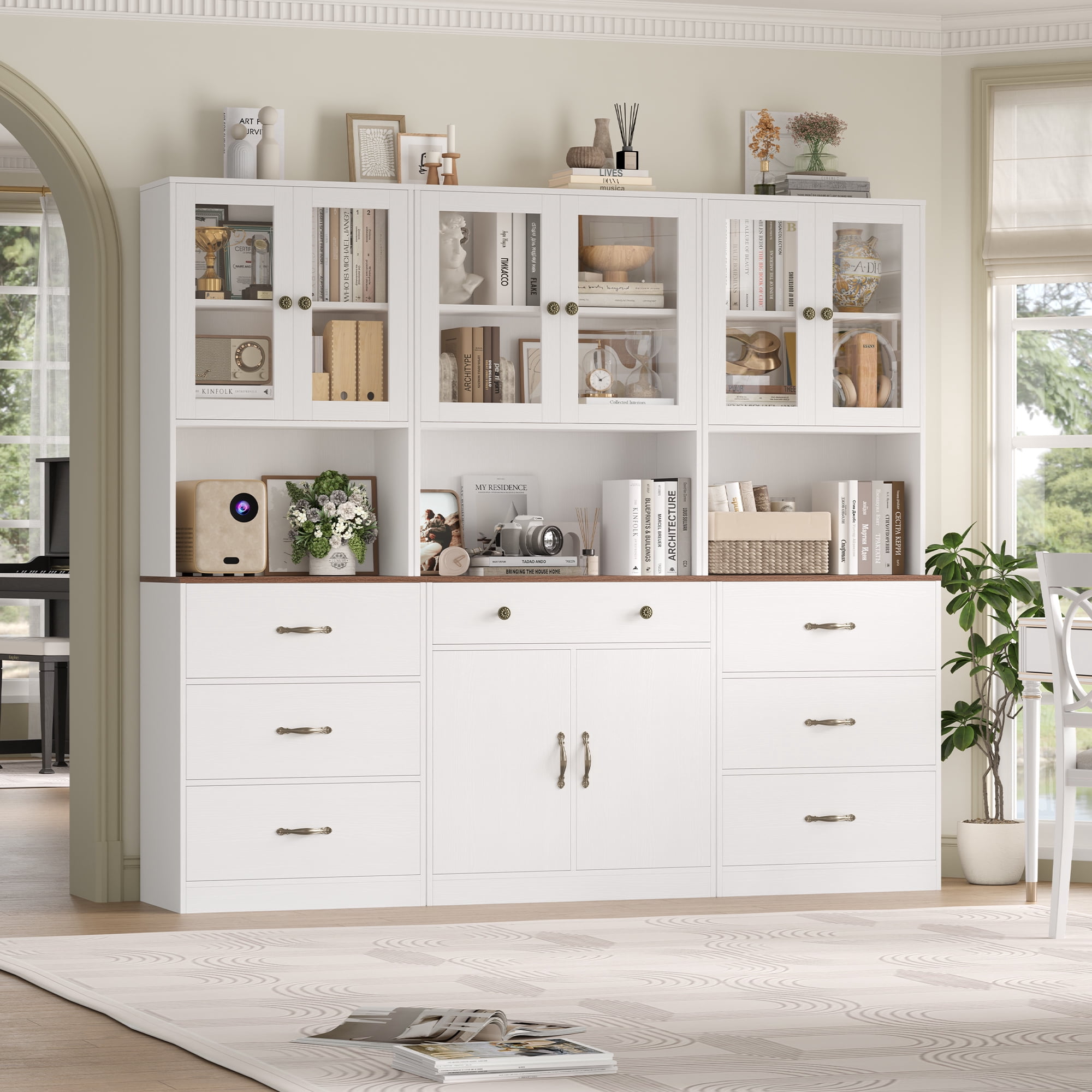 Homfa 71" Tall Kitchen Pantry Cabinet, Freestanding Storage Cupboard with Glass Doors, 3 Drawers & Adjustable Shelves, Modern Coffee Bar Cabinet for Kitchen Dining Room Living Room, White Oak