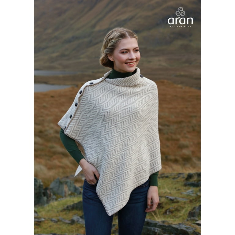 Aran Woollen Mills Poncho 100 % Soft Merino Wool Women`s Irish Cape with  Buttons and Herringbone Pattern Made in Ireland