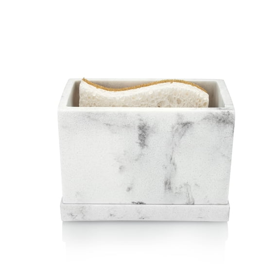 Essentra Home White Marble Kitchen Sponge Holder, Modern Kitchen Sink Caddy with Drain Tray