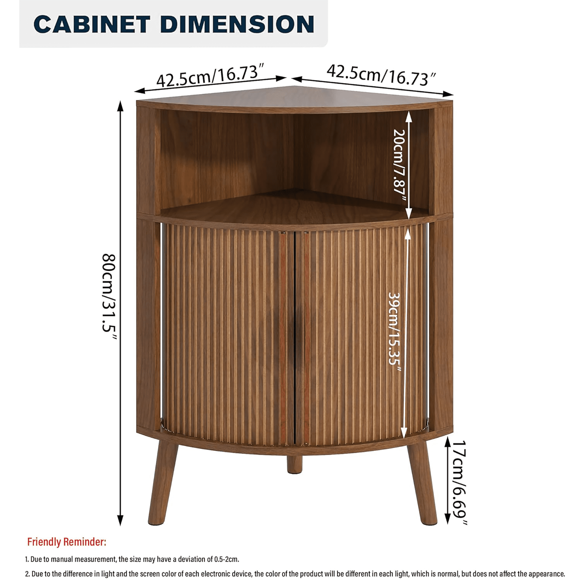 Fluted Bathroom Corner Storage Cabinet, Small Corner Floor Cabinet with Doors and Shelves, Freestanding Narrow Cabinets Organizer for Bathroom, Living Room, Kitchen, Walnut