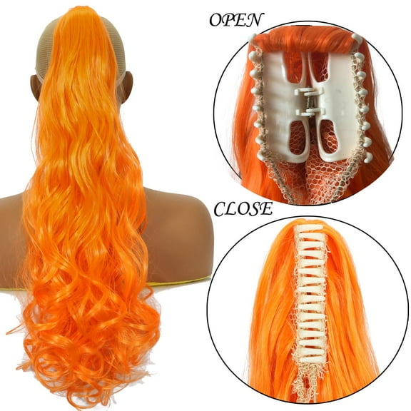 FGERFE-Long Curly PonyTail Hair Extensions 22Inch Orange Claw Wavy Ponytail Extension for Women Fluffy Synthetic Clip in Hairpiece for Daily Use(22Inch,Orange)