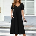 thumbnail image 2 of CFLVAEK Summer Dresses for Women with Pockets Elegant Pleated V Neck Dress Solid Short Sleeve Summer Dresses Black M, 2 of 7