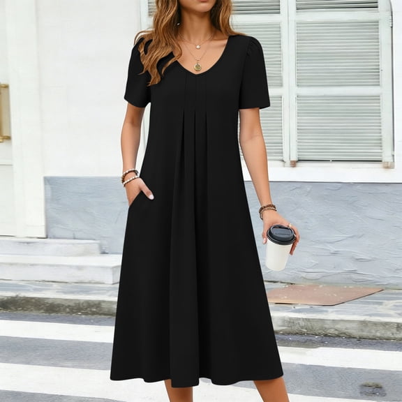 Women's Casual V-Neck Short Sleeve Pocket Dress for Summer and Spring