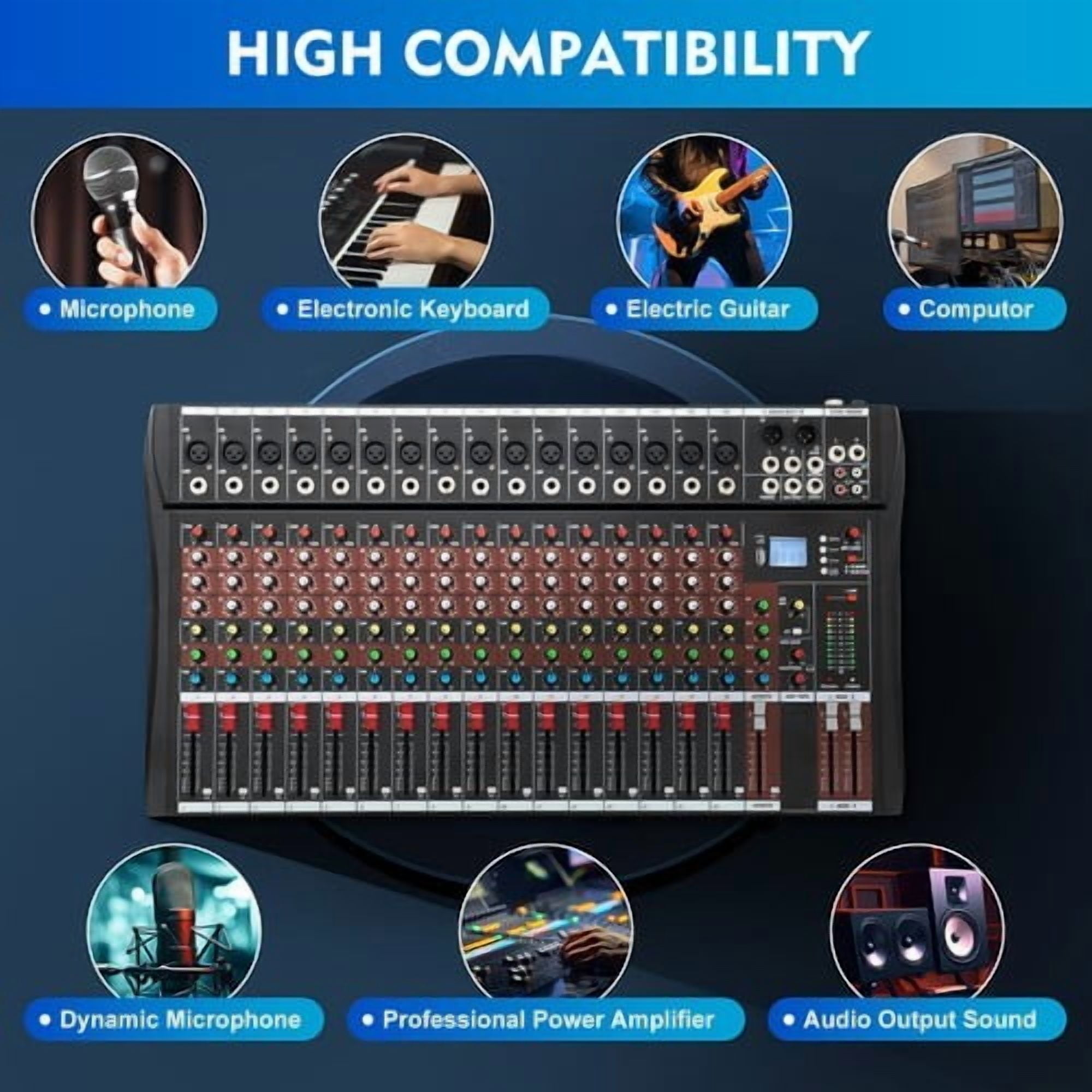 16-Channel Professional Audio Mixer,DJ Mixer Board with Bluetooth,48V Phantom Power, for Live Sound, Recording, Podcast, Karaoke,PC,Compatible with Various Devices,DJ Mixers