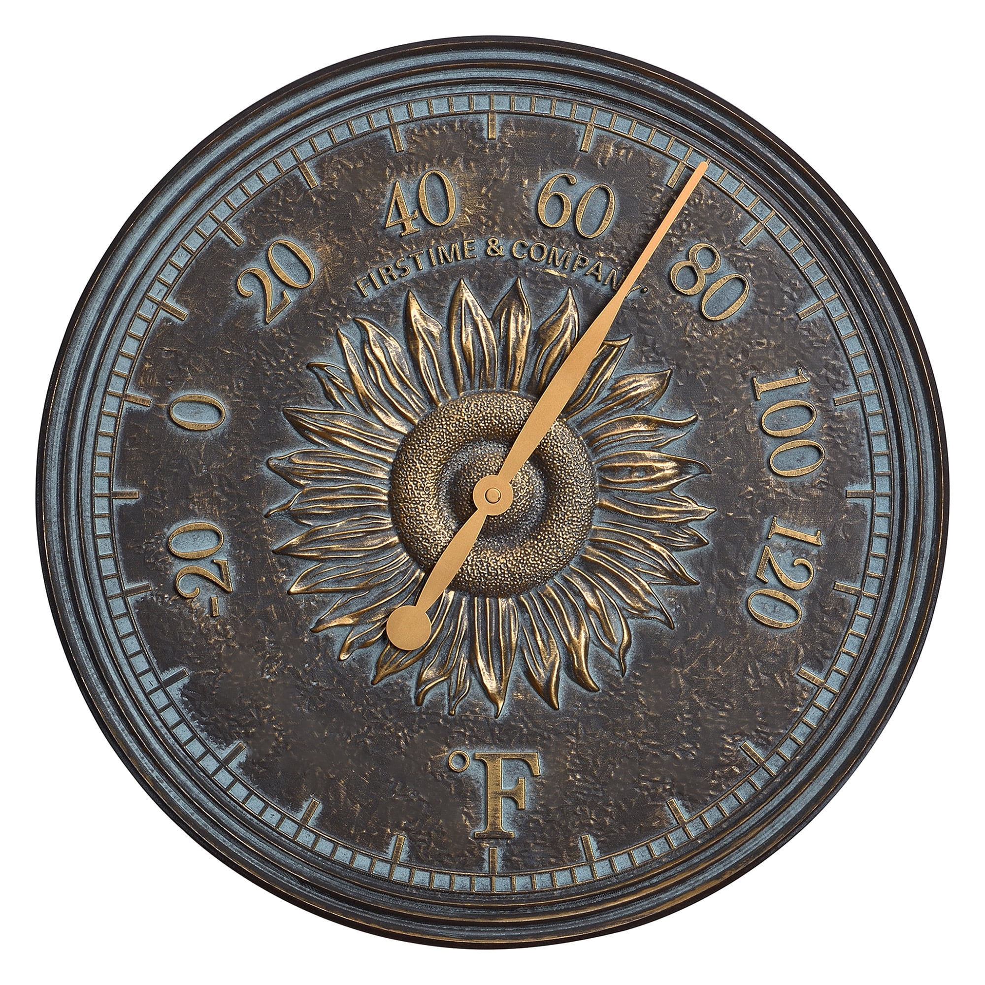FirsTime & Co. Verdigris Calisto Sunflower Outdoor Wall Clock And Thermometer 2-Piece Set, Rustic, Analog, 16 x 1.12 x 16 in