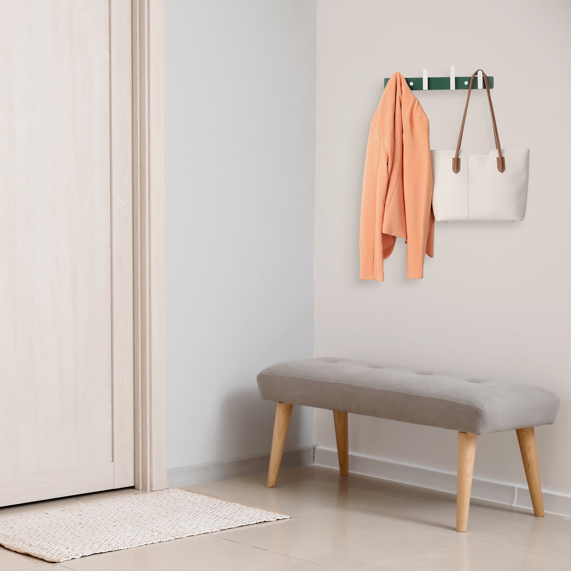 Unique Bargains Coat Rack Wall Mount Wood Coat Hook for Hanging w 4 Hooks Hat Rack Green