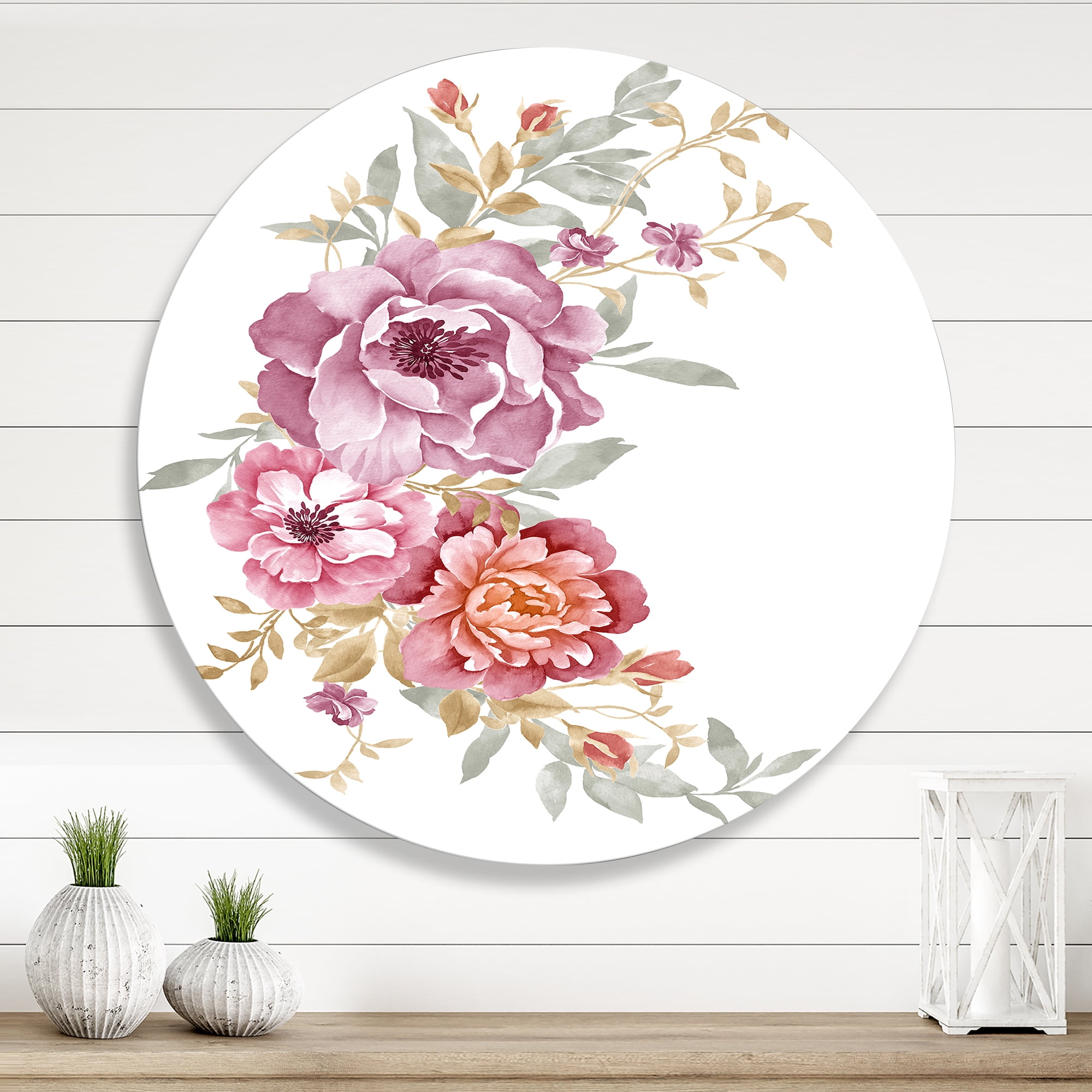 Designart 'Bouquet of Purple and Pink Flowers III' Farmhouse Circle Metal Wall Art 23x23 - Disc of 23
