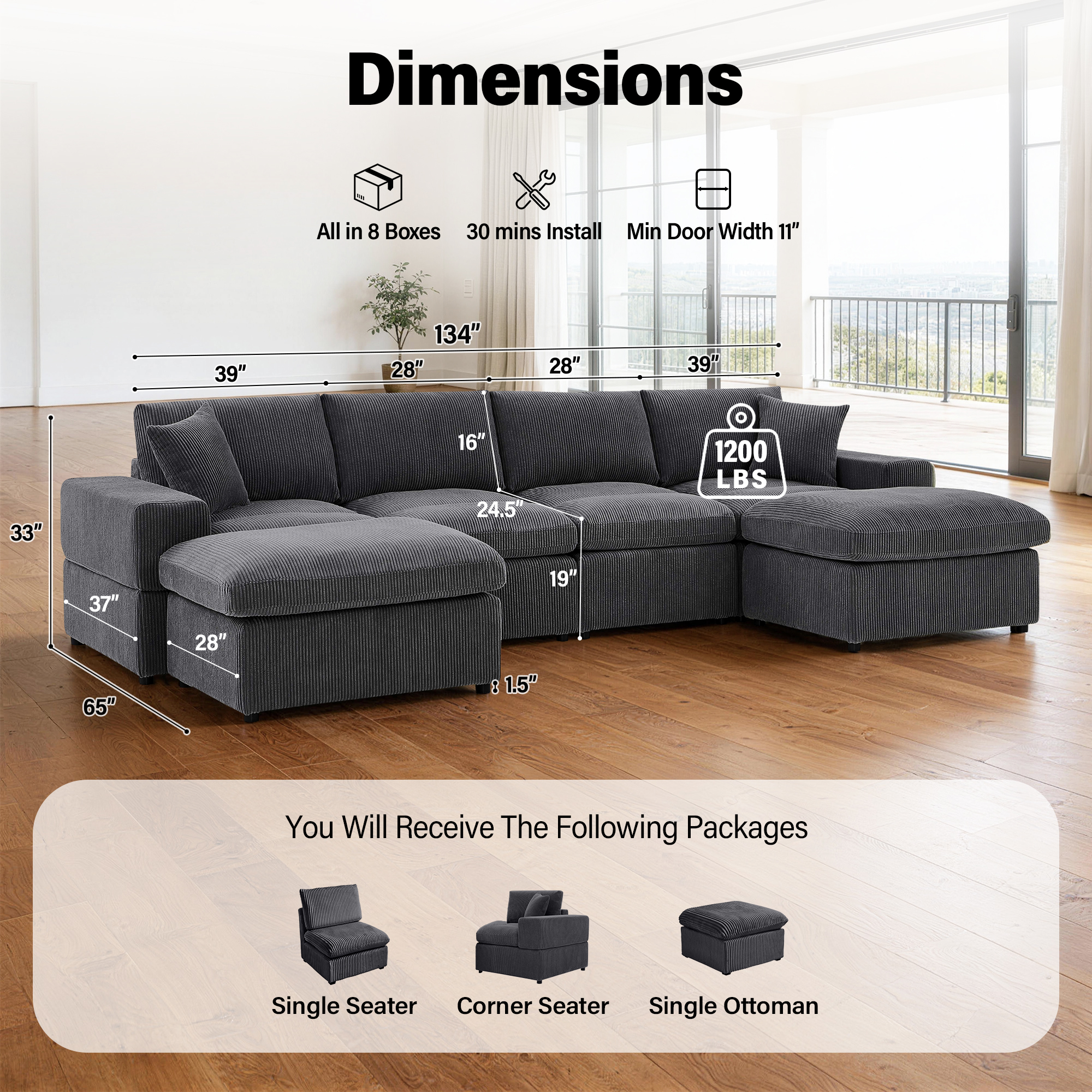 AENKYO U-Shaped Modular Sectional Sofa, Deep Seat Convertible Couch with Chaise for Living Room,Dark Gray