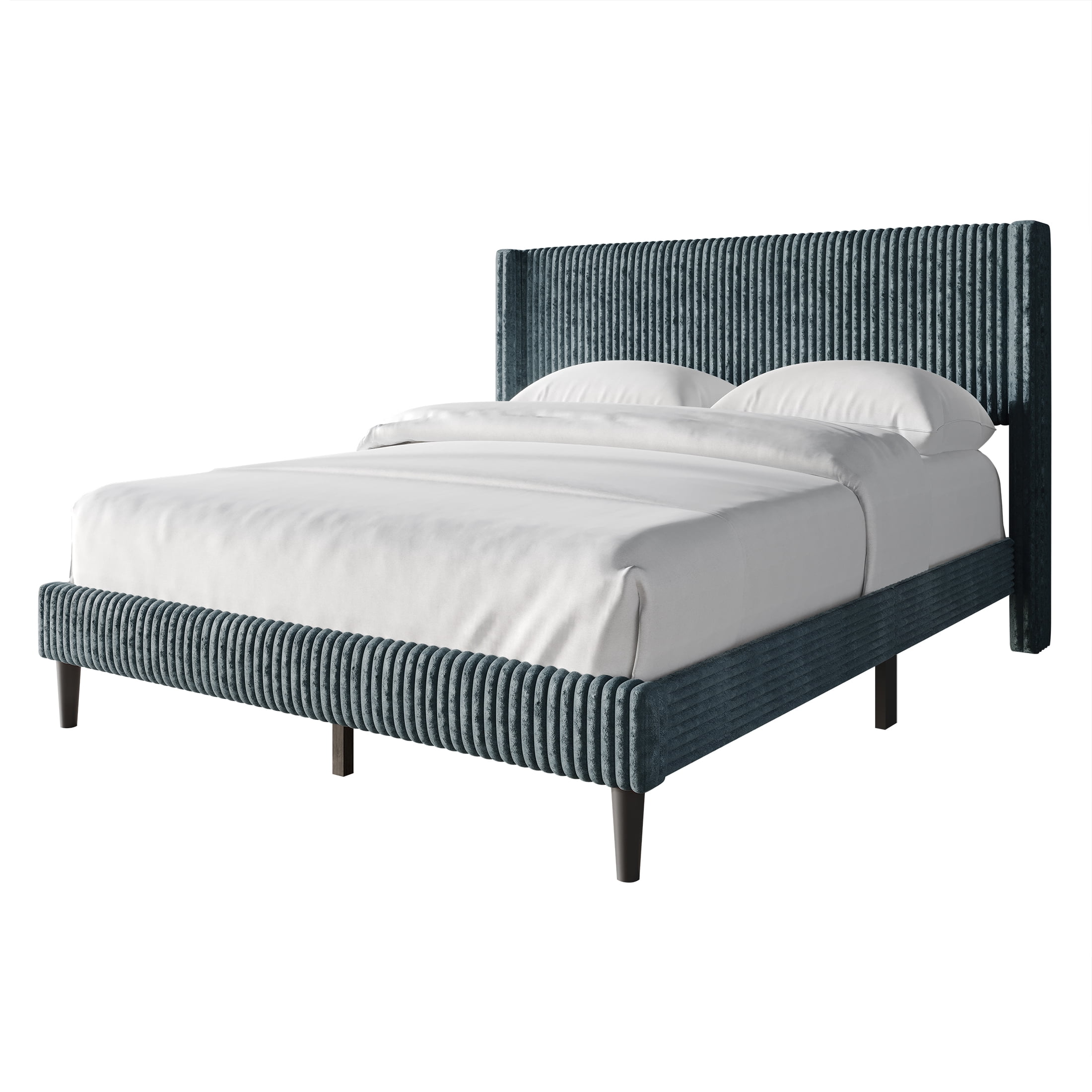 Castle Place Modern Wingback Corduroy Velvet Upholstered King Platform Bed, Light Blue
