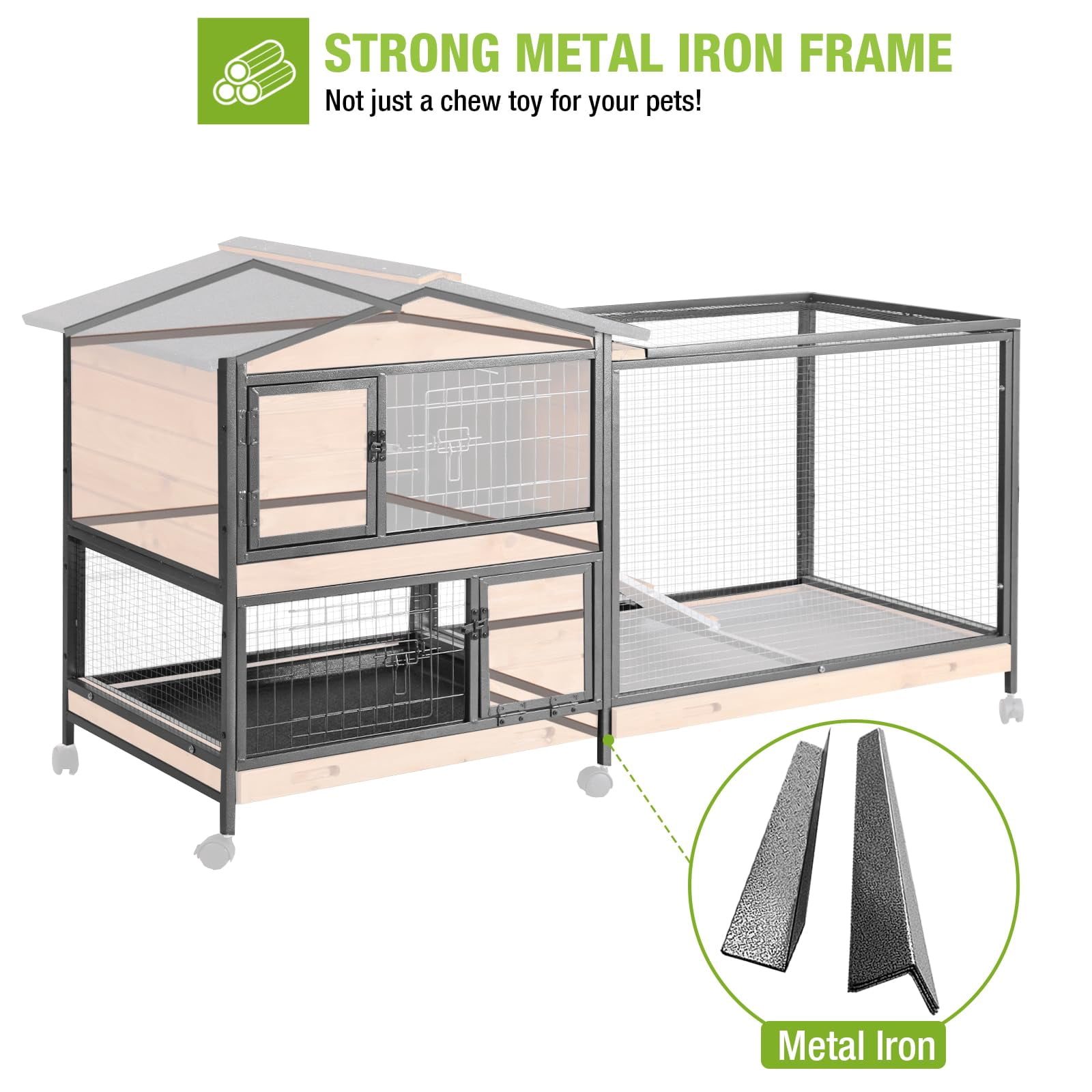 MEDEHOO Rabbit Hutch with Chew-Resistant Metal Frame Indoor Bunny Cage Outdoor Rabbit Cage with Wheels and Leakproof Tray