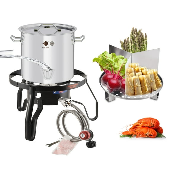 20QT Steaming Kit, 55,000BTU Portable Propane Burner, SS Steamer Pot w/Easy-fill Water Spout, Divider and Steamer Rack, Seafood Crab-Vegetable-Vaporeras para Tamale Steaming, Outdoor Cooking