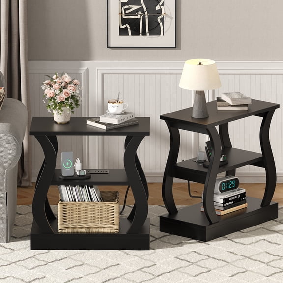 End Table with Charging Station Set of 2, 3-Tier Nightstand with USB Ports and AC Outlets, Small Space Side Tables for Living Room, Bedroom, or Couch, Black