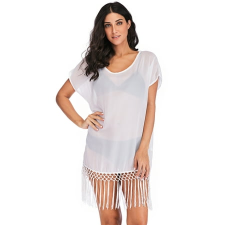 LELINTA Women s Chiffon Tassel Beach Bathing Swimsuit Cover Up Bikini Wrap Beach Dress Black/White