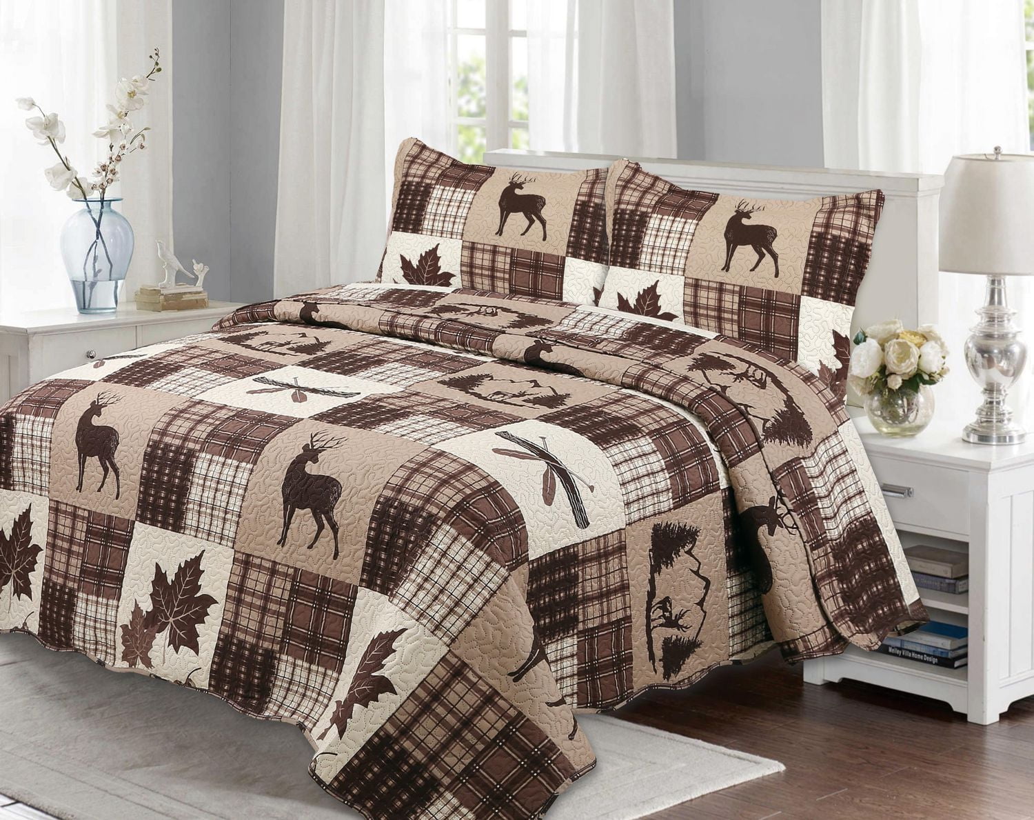 Marina Decoration Rich Printed Embossed Pinsonic Coverlet Bedspread Ultra Soft Bedding Summer Quilt Set with Shams, Brown Cabin Maple Deer Plaid Pattern