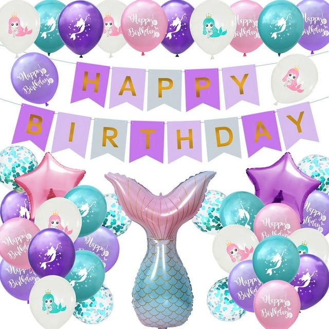 Kit de globos de cumpleaños de látex Mylar con forma de cola de sirena, 46 unidades