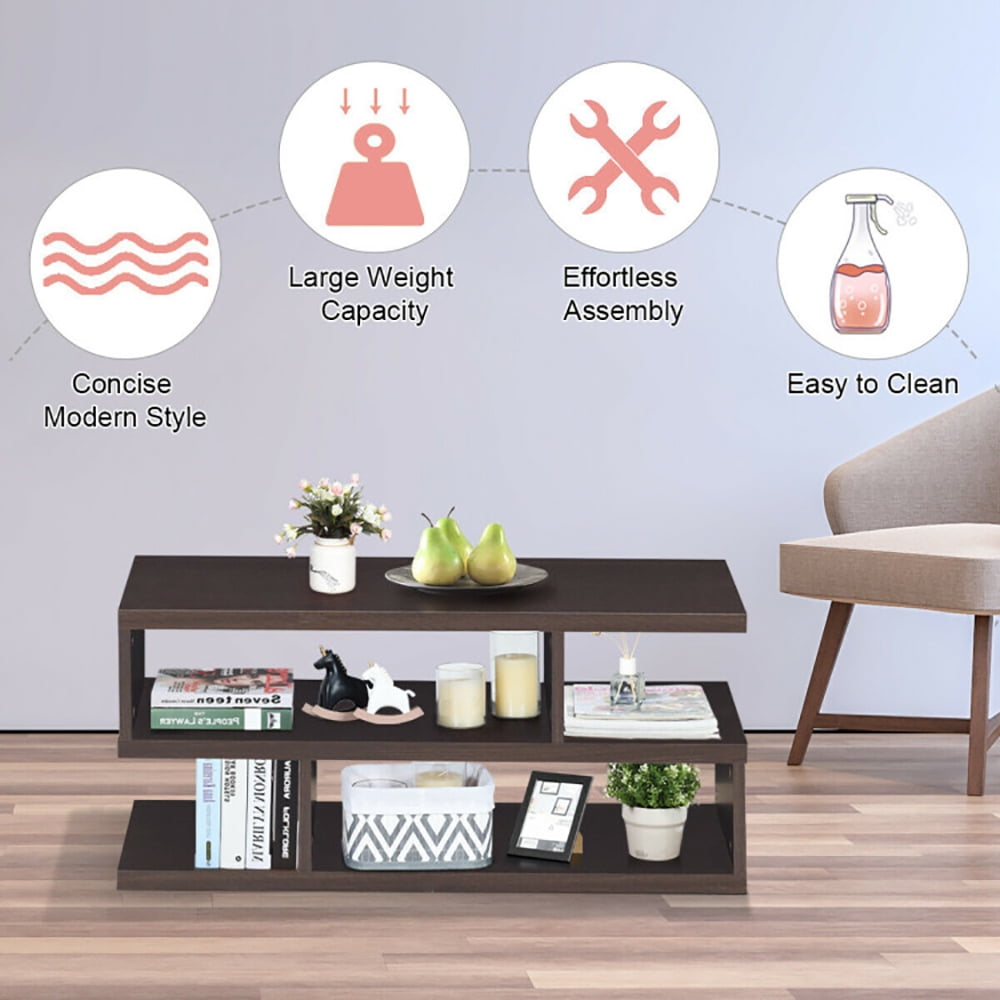 Finihen Rectangular Coffee Table, 3-Tier Rectangular Modern Coffee Table with Storage Shelf, for Living Room, Reception Room, Office, Brown Finihen Rectangular Coffee Table, 3-Tier Rectangular Modern Coffee Table with Storage Shelf, for Living Room, Reception Room, Office, Brown