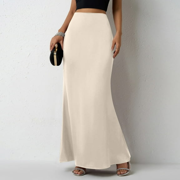MGCWSH Maxi Skirt for Women- Comfy Foldover High Waist Long Flare A-Line Skirt Maxi Dress Beige
