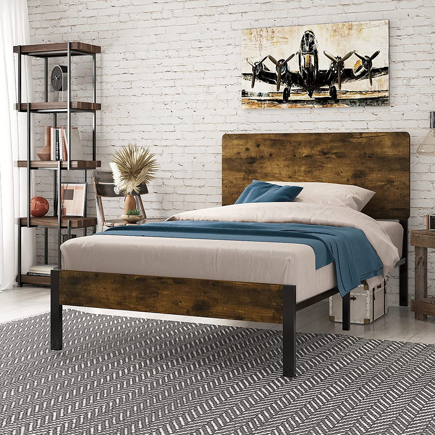 Wood Platform Bed With Headboard And Footboard Bed Frame Full/Twin Size Bedroom 