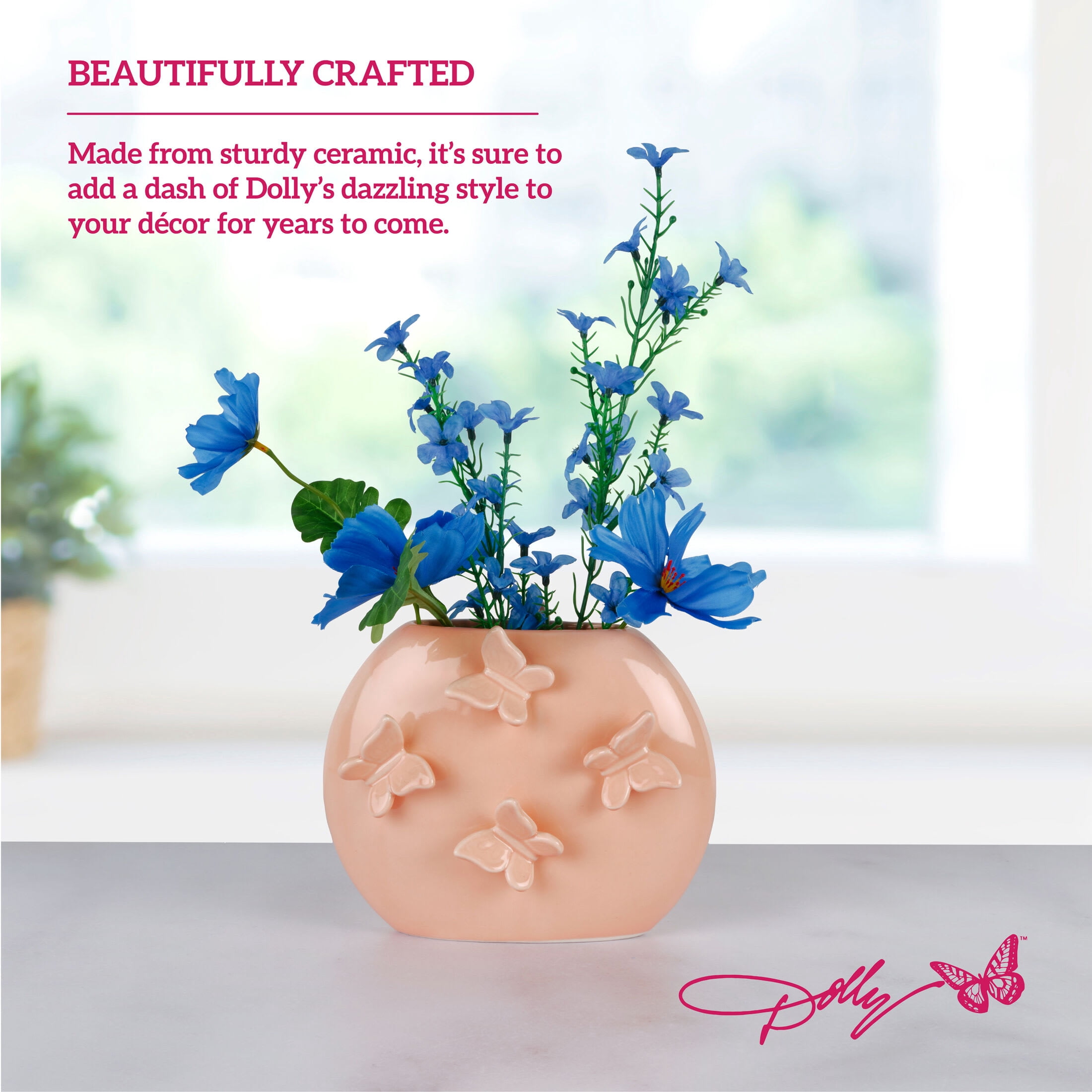 Dolly Parton 6.75 in Pink Butterfly Ceramic Oval Vase