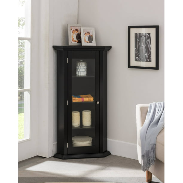 Didan Black Wood Contemporary Corner, Display Cabinet With Glass Doors And Shelves