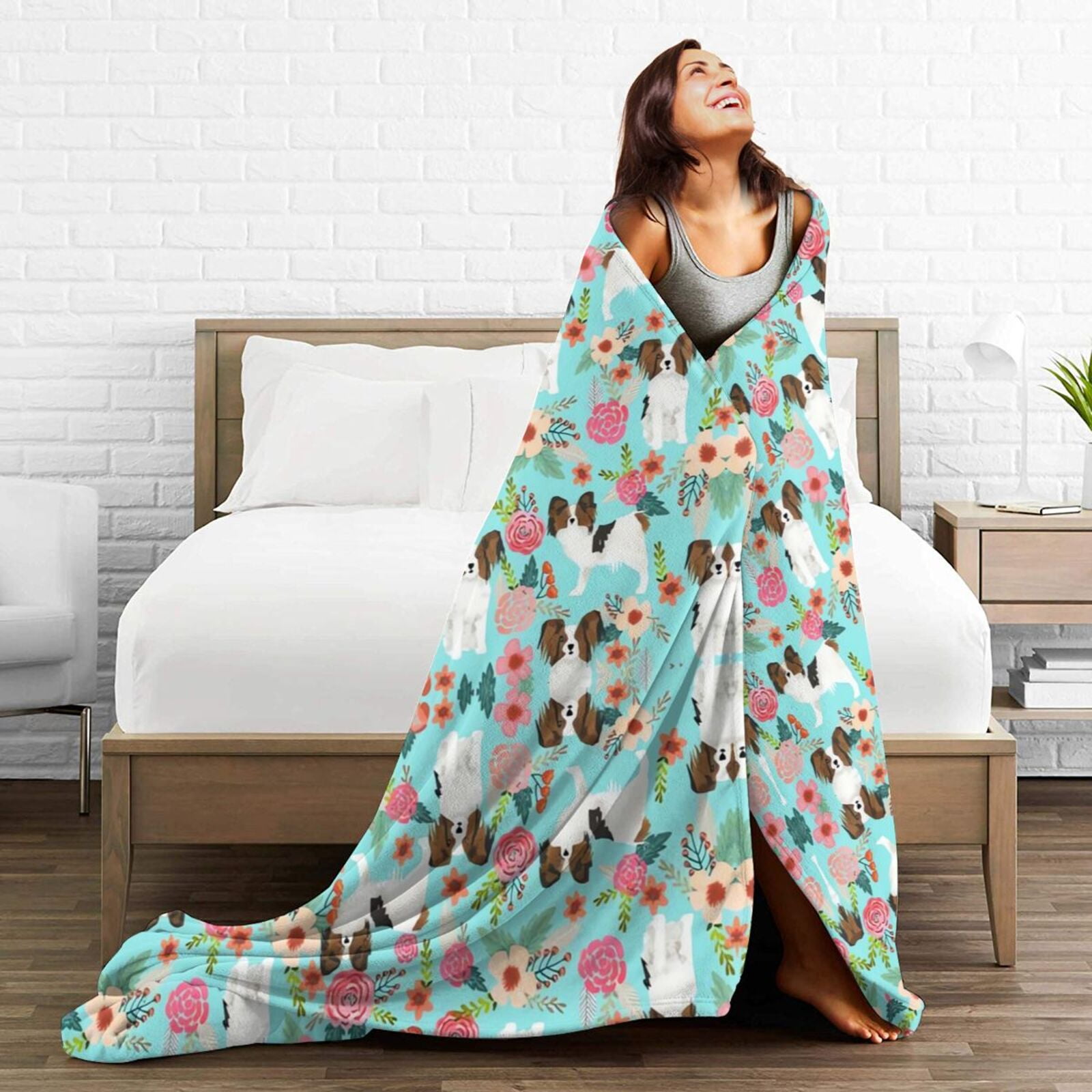 Wijzvio Papillon Dogs Lovers Flower Floral Throw Blanket Soft Fuzzy Fleece Blanket For Couch Bed Living Room Decoration 60"X50"