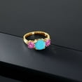 thumbnail image 3 of Gem Stone King 18K Yellow Gold Plated Silver Green Turquoise and Pink Created Sapphire 3 Stone Engagement Ring for Women (3.10 Cttw, Gemstone, Cushion 8MM, Size 6), 3 of 5