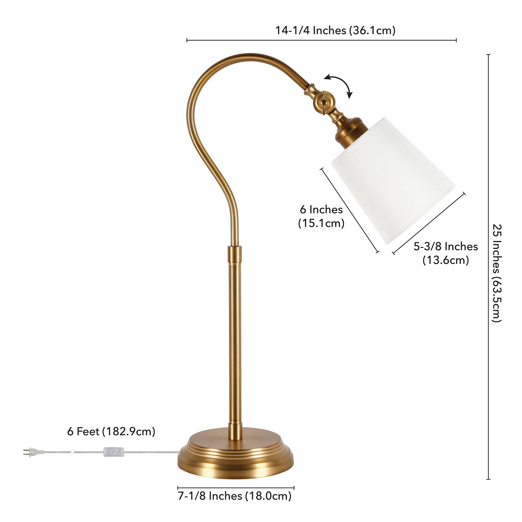 Evelyn&Zoe Harland 25" Tall Arc Table Lamp with Fabric Shade, Brushed Brass/White