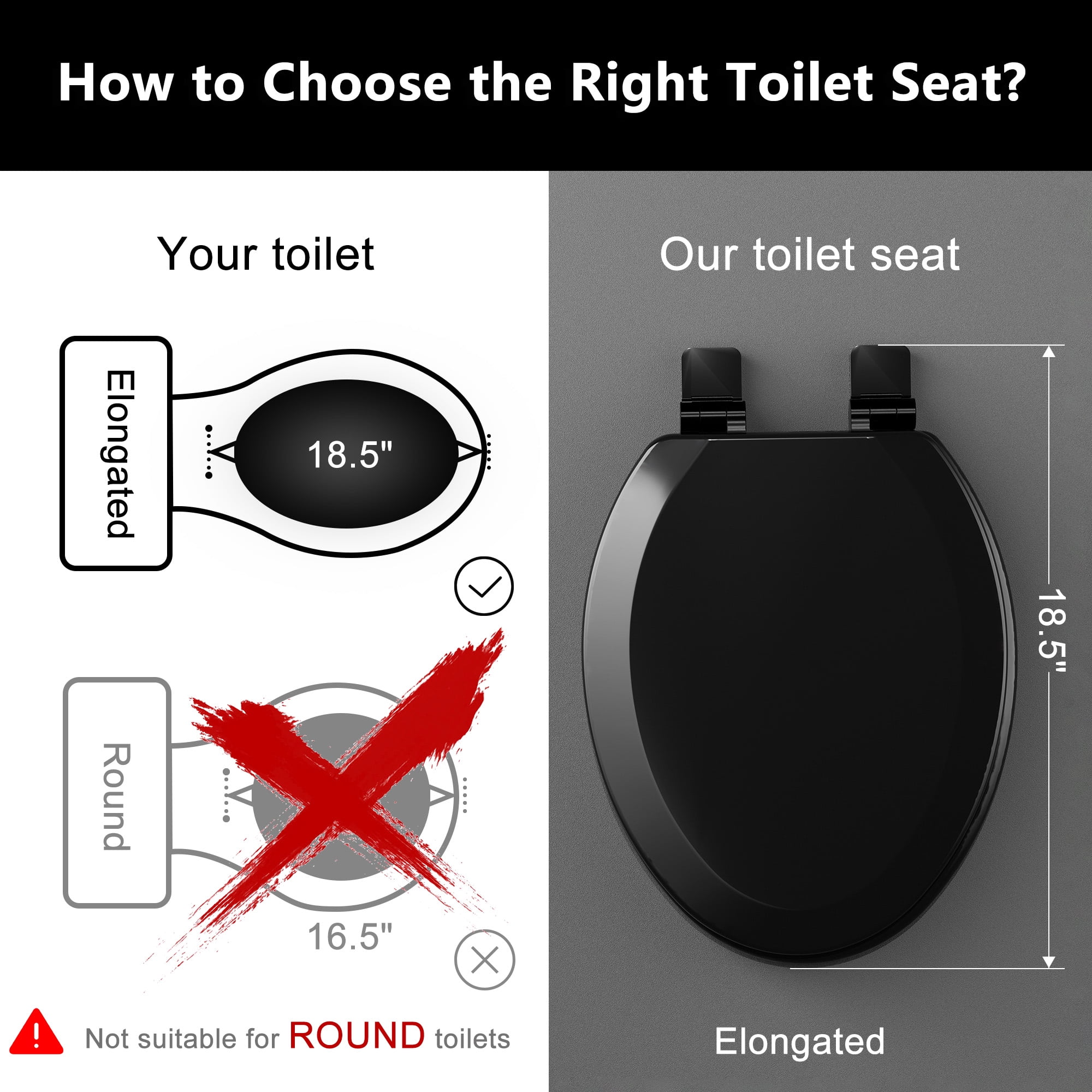 Angol Shiold Wood Toilet Seat with Non-Slip Adjustable Hinges, Quiet-Close ( Black, Elongated 18.5'' )