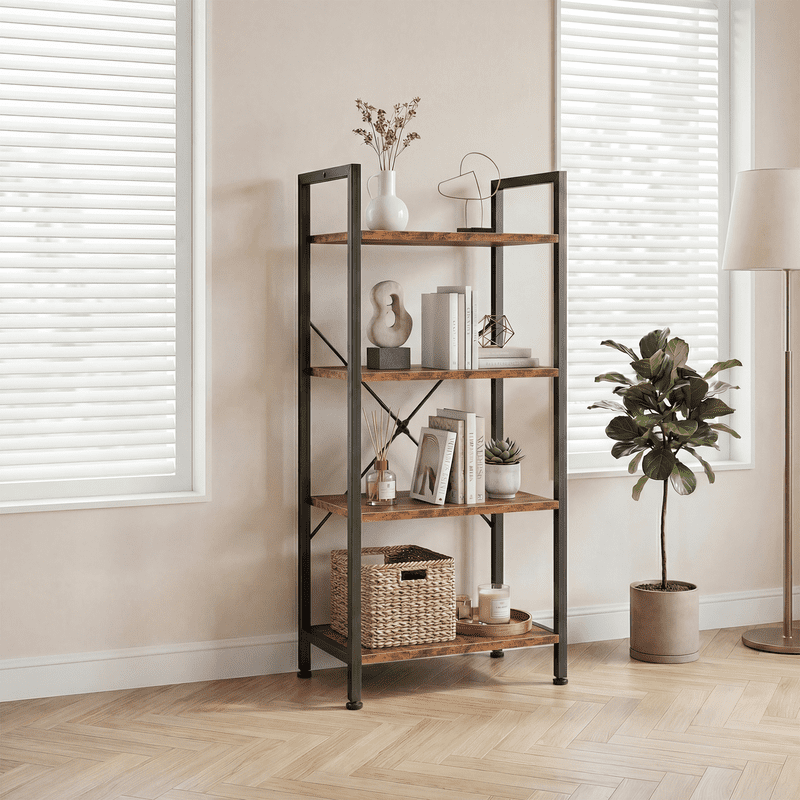 Gianna 4 Tier Bookshelf, Free Standing Shelf, Bookcase Shelf Storage Organizer, Industrial Book Shelves for Home Office, Living Room, Kitchen, Rust Brown