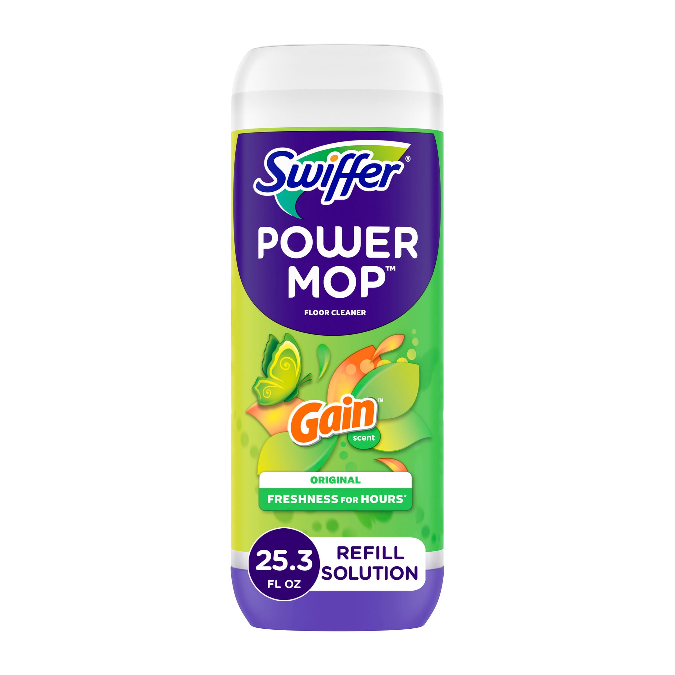 Swiffer Power Mop Refill Pack, Tile, Laminate, Wood, Floor Cleaner, 5 Pads + 1 Gain Solution
