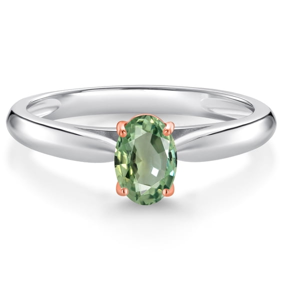 Gem Stone King 925 Sterling Silver and 10K Rose Gold Prongs Green Sapphire Solitaire Engagement Ring for Women (0.55 Cttw, Oval 6X4MM, Gemstone September Birthstone, Available in Size 5, 6, 7, 8, 9)