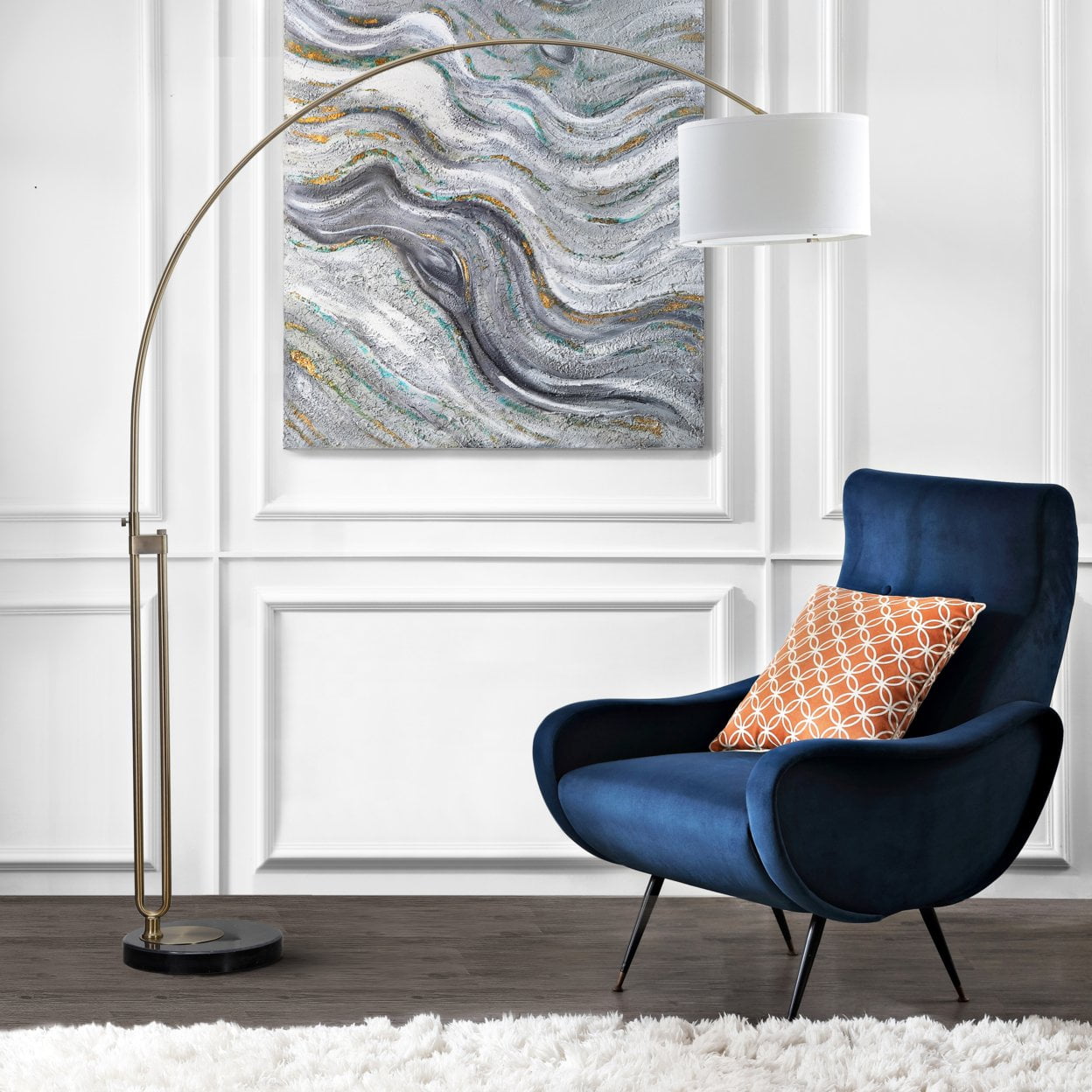 Safavieh Polaris 84" 1-Light Contemporary Antique Brass Floor Lamps Glass with Off-White Midcentury Modern Shades