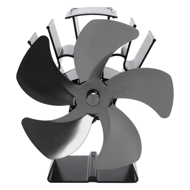 Ventilador de estufa de leña de 5 aspas, base trapezoidal vertical, con circulación de calor, portátil, para casa y campamento, color negro