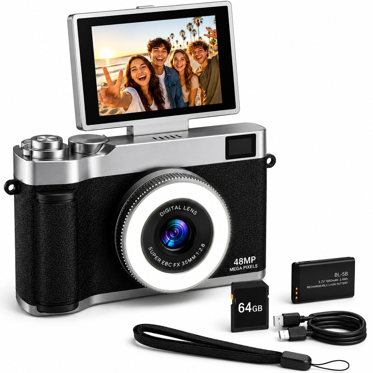 Digital Camera for Teens with 180° Flip Screen, 48MP Point and Shoot Camera, Y2K CCD Camera with Fill Light & SD Card, Selfie Vlogging Camera for Beginners