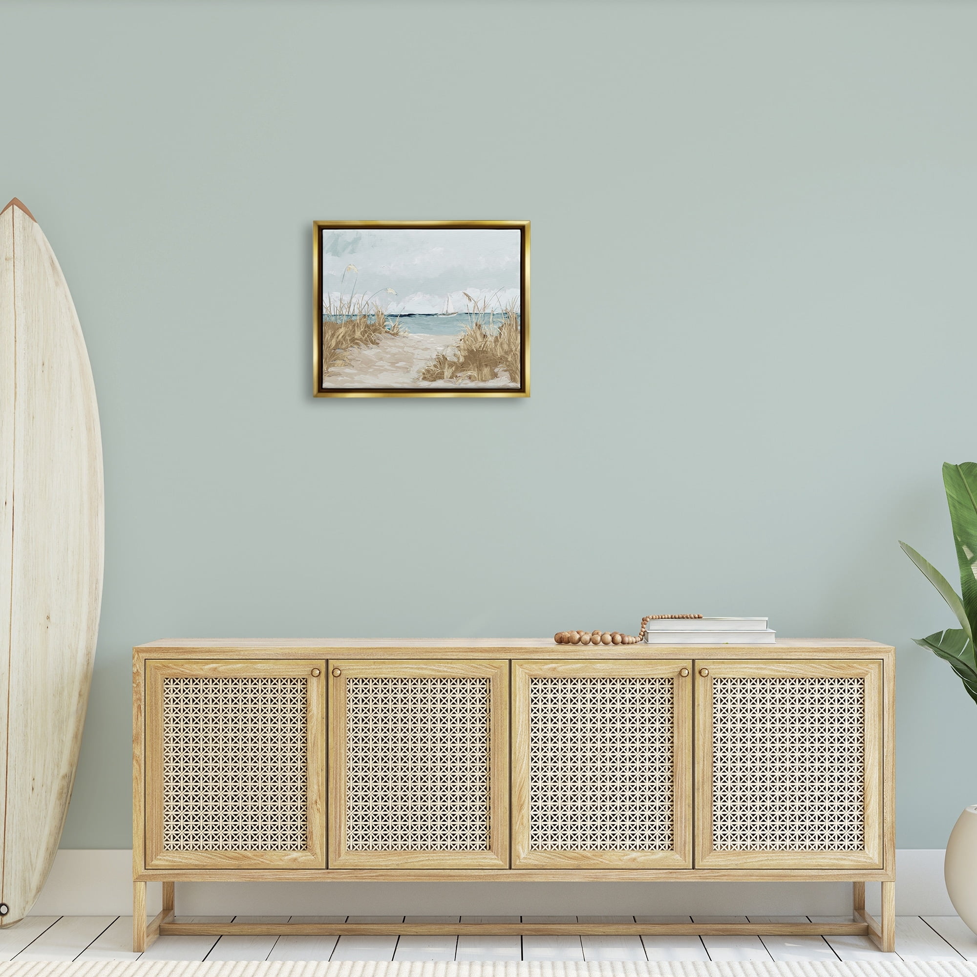 Stupell Industries Sandy Beach Walkway Distant Sailboats Floating Sea Painting Metallic Gold Floating Framed Canvas Print Wall Art, Design by Julie Derice