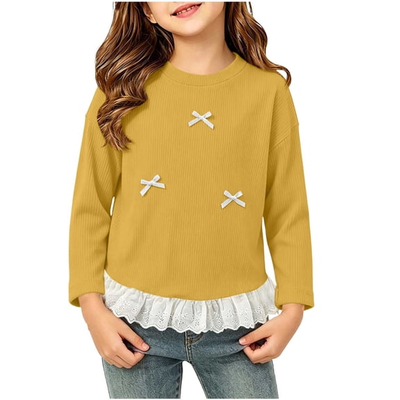 fatyb Girls Long Sleeve Tops Ruffle Hem T Shirts with Bow Kids Crew Neck Cute Blouses for 0-12 Years