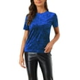 thumbnail image 1 of Camiseta de terciopelo para mujer Inspire Chic, de cuello redondo, manga corta, casual, talla XS, azul zafiro, 1 of 6