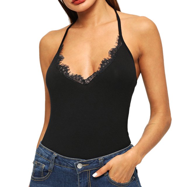 Fridja Womens V-Neck Solid Lace Patchwork Backless Halter Casual Camis Top