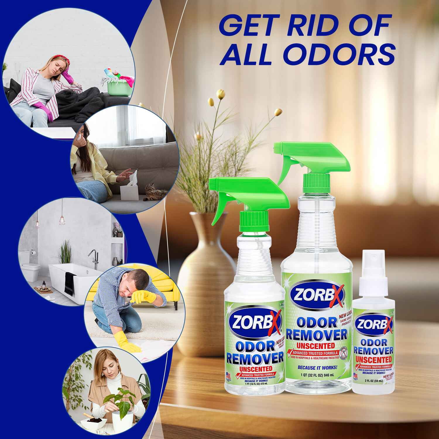 ZORBX Unscented Odor Eliminator Spray for Hospitals & Healthcare – Dog, Cat, Car & Carpet Deodorizer (2oz + 16oz + 32oz)