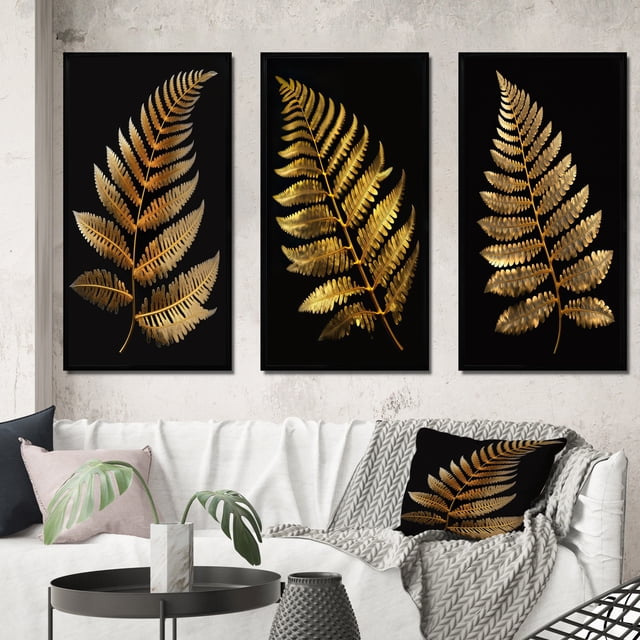 Designart "Golden Fern Against Black Background I" Floral Ferns Framed Wall Art Set Of 3 - Gold Modern Frame Gallery Wall Set For Home Decor