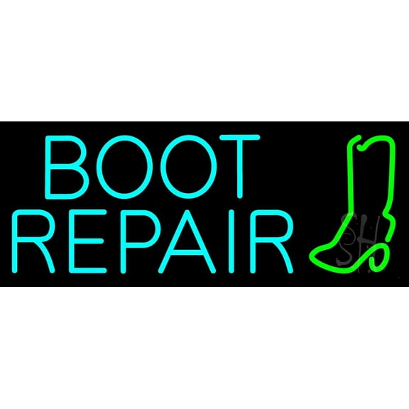Turquoise Boot Repair LED Neon Sign 13 x 32 - inches, Black Square Cut Acrylic Backing, with Dimmer - Bright and Premium built indoor LED Neon Sign for store interior Décor, Storefront.