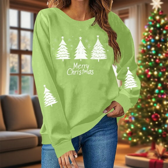 HOMBOM Womens Green Merry Christmas Sweatshirts Crewneck Lightweight Pullover Xmas Holiday Long Sleeve Tops for Womem Merry Christmas